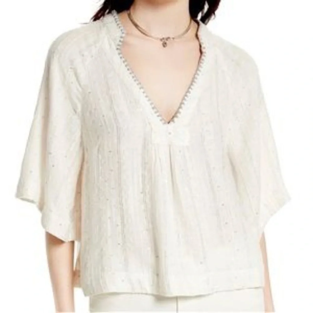 Free People Get Over It Top Bell Sleeve Sequins Metallic Boho Ivory blouse Small
